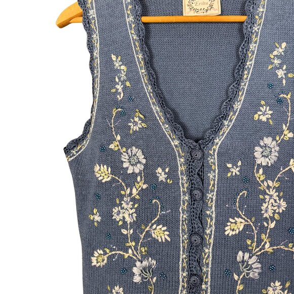 Vintage Embroidered Knit Vest, Muted Blue, Cottagecore Floral, Embroidery - Picture 2 of 9